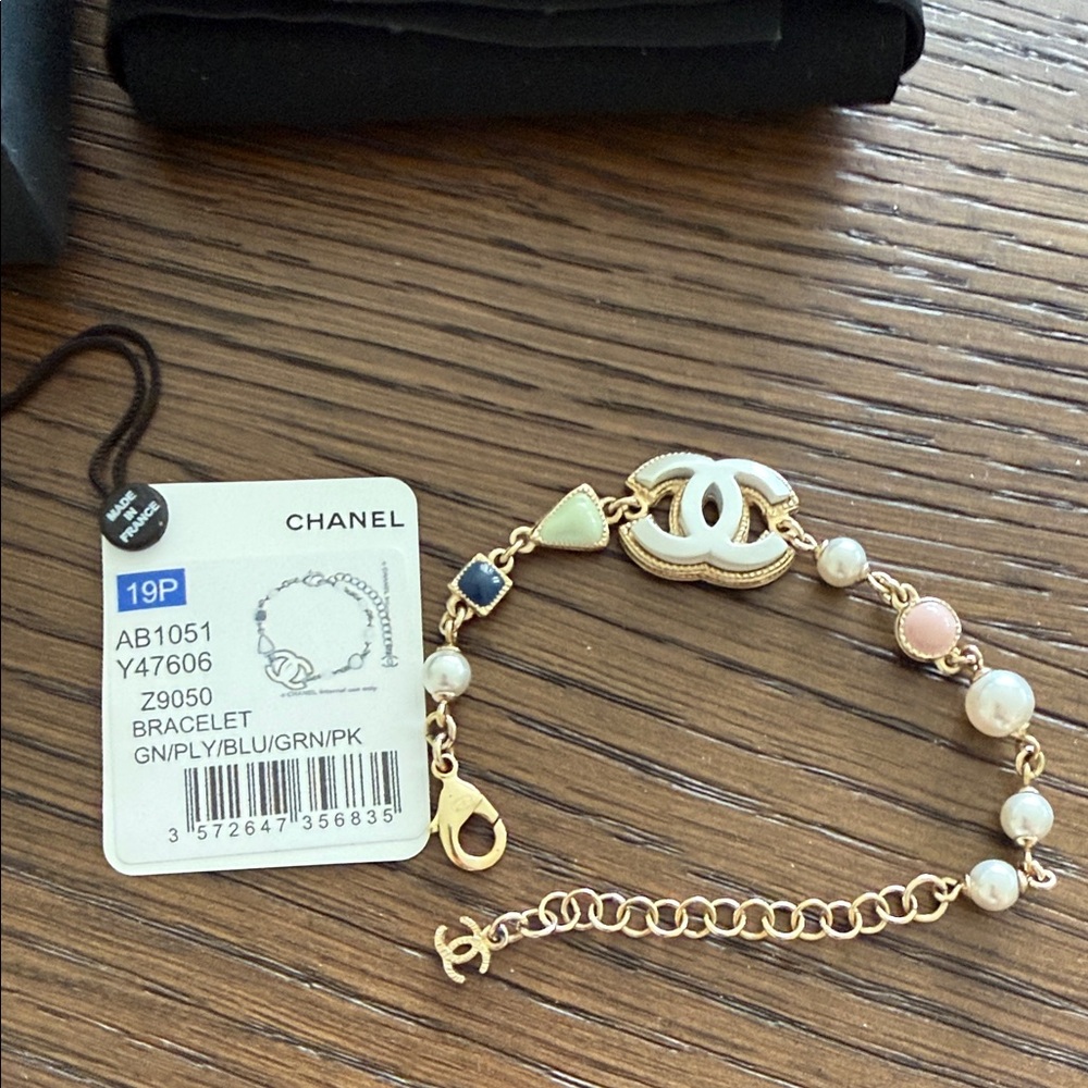 CHANEL Gold-Tone Multicolor Enamel & Pearl CC Charm Bracelet